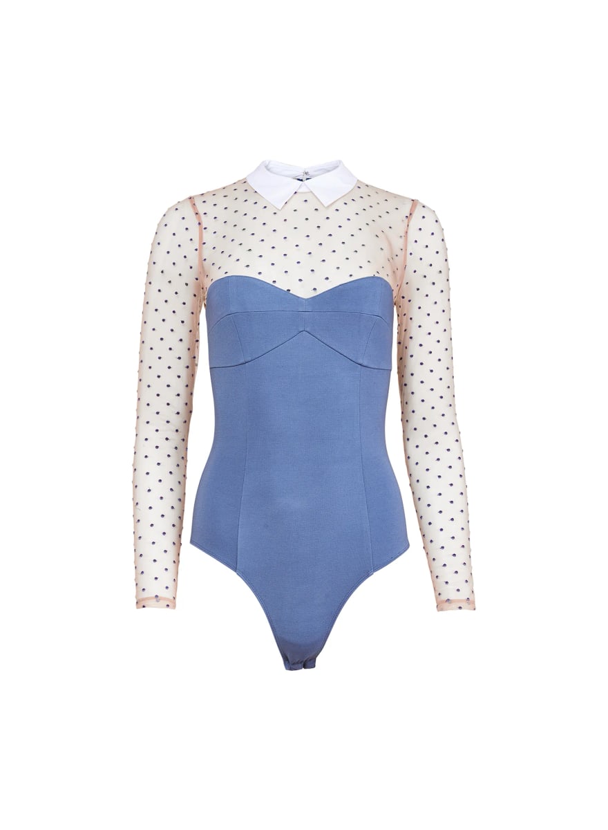Collared Bodysuit with Dotted Tulle